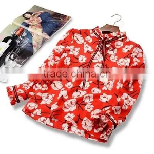 Wholesale Custom Long Sleeve Silk Blouse Printing Red Floral High-necked Daily Top for Ladies Summer Blouse thumbnail-1