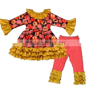 2017 Kids Halloween Clothing Designer 100%cotton Pumpkin Appliqued Outfit Chevron Ruffle Pant Sets thumbnail-1