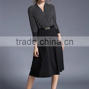Fashion Women V Neck Vertical Stripes Office Dress Korean OL Belted Midi Dress thumbnail-5