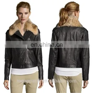 Black Leather Fur Collar Asymmetrical Zip Motorcycle Jacket Woman Coat thumbnail-1