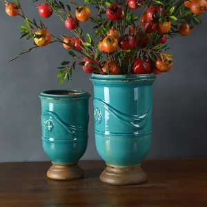 Retro European Countryside Hand Made Blue Green Ceramic Floor Vase For Balcony Garden Decor thumbnail-2
