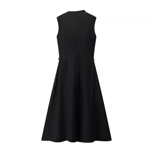 Summer New Women's Clothing European and American Sweet and Fresh Pure Color Sleeveless Elegant High Waisted Round Neck Dress thumbnail-3
