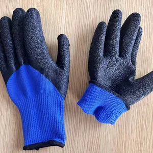 Deep Blue Polyester 7 Gauge Knitted Wrinkled Latex Palm Coated Safety Work Gloves for Workers thumbnail-2