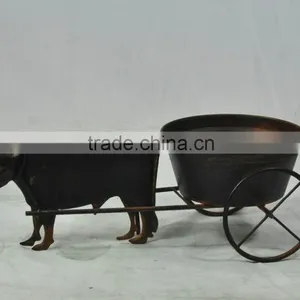 13B746EAA Garden Deco ox Cart Design Wrought Iron Metal Flower Pot thumbnail-1