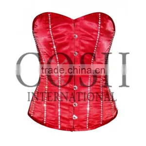 Overbust Red Satin Steel Boned Waist Training Corset With Front Rhinestones Ci-1149 thumbnail-1