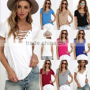 2017 Summer Europe and the United States V Collar Solid Color Tie Female T Shirt Shirt thumbnail-1