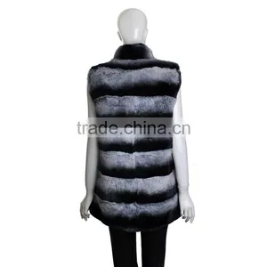 YR247 Ladies Luxury Top Quality Real Rex Rabbit Chinchilla Dyed Stand Collar Fur Vest thumbnail-5