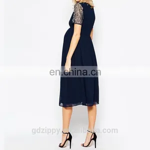 Short Sleeve Bead Top Detail Navy Chiffon Maxi Fashion Maternity Prom Dress thumbnail-3