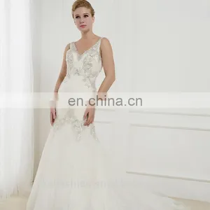 14435 New Fashion Beaded Silver Lace Bridal Dress V-Neck Straps Open Back Court Train Appliques Wedding Dress thumbnail-1