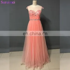 Glitter Sparkles Peach Color Sheer Neck Beaded Nude Back Open Back Long Prom Dress Women Free Shipping WH436 thumbnail-1