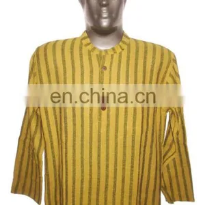 Full Sleeve Short Khadi Yoga Kurta Striped, Size : Chest 46 x Height 30 Inches (medium). thumbnail-4