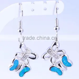 925 Sterling Silver Blue Opal Inlay Butterfly Post Fishhook Back Earrings thumbnail-1