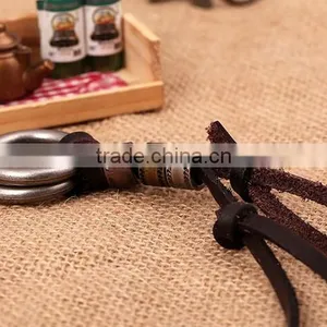 Original Genuine Brown Leather Cord Double Alloy Circle Pendant Punk Jewelry Men Necklace thumbnail-4