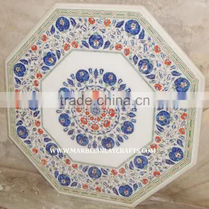 White Marble Inlay Coffee Octagonal Table Top Pietra Dura Dinning Table Top thumbnail-1