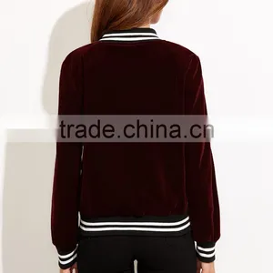 Jacket Women Winter Burgundy Stand Collar Bomber Jacket Slim Fit Velvet Blazer With Striped Trim Detail thumbnail-5