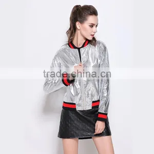Outerwear Top Autumn High Quality Runway Coats Fashion Stand High Collar Baseball Uniform Silver PU Bomber Jacket Coat thumbnail-2