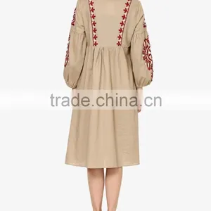 Boho Ukrainian Designs Beige Embroidered Shift Dress Bohemian Clothing Style Long Sleeve Maxi Dress HSd5083 thumbnail-3