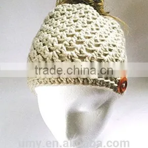 Wood Button Pony Tail Holder Crochet Hat thumbnail-2