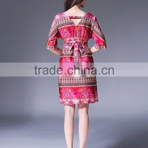 Women Short Sleeve V Neck National Printed Satin Mini Dress Ladies Loose Vintage Design Of Dress thumbnail-3