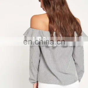 OEM Petite Stripe Chiffon Off Shoulder Top, Latest Design Double Layer Frill Top And Blouse thumbnail-3