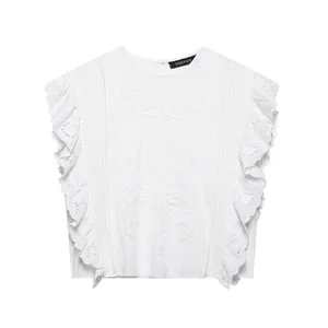2025 Spring and Summer New Wooden Ear Sleeveless T-shirt Romantic Embroidered Hollow Top thumbnail-1