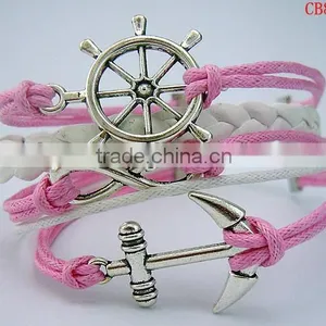 CB8172 Pink Wax Rope Anchor Sliver Leather Bracelet Wedding Decoration thumbnail-1