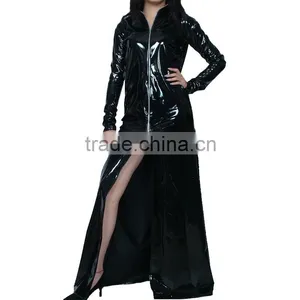 Black Faux Leather Clubwear Stripper Stage Wear Romper Dress Cloak Catsuit Shiny Jumpsuits Long Sleeve Zip Overcoat thumbnail-1