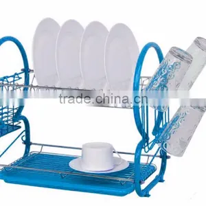 Kawachi Stainless Steel Chrome 2 Tier Dish Drainer Rack Glass Utensil-Blue thumbnail-3