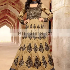 Beige Colored Taffeta Silk Heavy Embroidered Festive Wear Suit. thumbnail-1