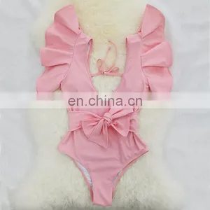 Vintage Retro One Piece Swimsuit 2021 Shoulder Ruffle Swimwear Women Belt Swimsuit Backless Bathing Suit Beachwear Monokini Swim thumbnail-5