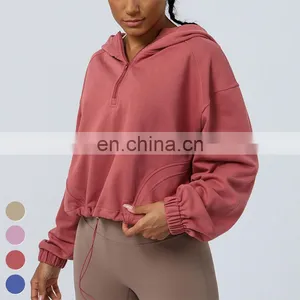 Drawstring Hem Yoga Jacket Loose Casual Running Coat Half Zipper Sports Jackets Long Sleeve Gym Fitness Hoody Women Yoga Jacket thumbnail-5