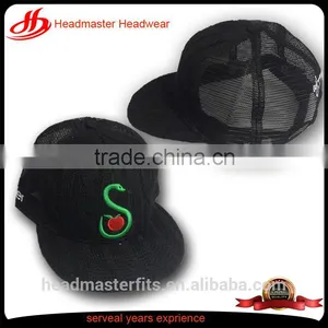 Custom Embroidery Black Knitted Crochet Printed Flat Underbrim Mesh Trucker Snapback Cap thumbnail-1