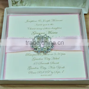 2016 Newmengxing Elegant Wedding Invitation With Pink Ribbon and Silver Ribbon, Can Customize thumbnail-2
