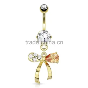 Gold Plated Jeweled Ribbon Dangle Belly Button Navel Rings thumbnail-1