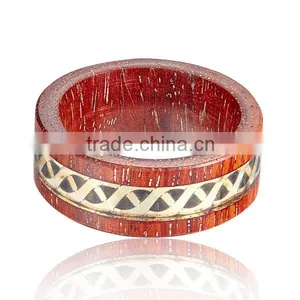 Natural Red Wooden Ring With Metal Piece Inlay thumbnail-3