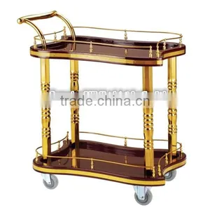 Guangzhou BHL Hotel Articles Roman Pillar Double-deck Golden Hotel Brass Bar Cart Gold Bar Cart Serving Trolley thumbnail-1