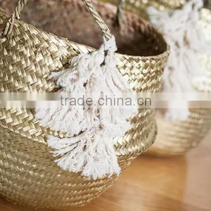 Blush Tassel Golden Metalic Seagrass Belly Basket/folding Seagrass Basket, Set of 3 Sizes thumbnail-3