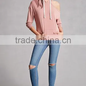 Super Soft High Quality Flench Terry Knit Hoodies Sexy New Fashion One Shoulder Design Solid Blank Oversized Hoodie With Pocket thumbnail-5