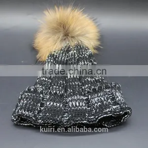 Factory Supply 2016 Thicken Woman Knited Beanie Hat With Large Size 15 cm Raccoon Fur Poms Wool Caps thumbnail-6