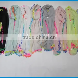 Turkey Hot Selling Lady's Fashion Long Plain Color Scarf With Rainbow Ball thumbnail-2