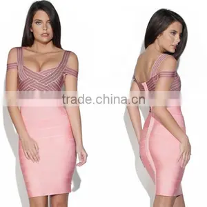 Hot Selling TOP Quality Women Sey Jacquard Pink Rayon Bandage Dress 2015 Ladies Designer Bodycon HL Bandage Dress For Girls Band thumbnail-1
