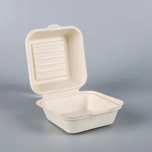 450ml Sugarcane Bagasse Biodegradable 6 Inch Clamshell Hamburg To Go Burger Box Packaging Custom Paper thumbnail-3