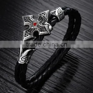 Genuine Cow Leather Weave Bracelets Titanium Steel Big Brand Vintga Antic Cross Man Bracelet thumbnail-3