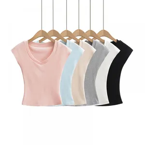 Spicy Girl Sweet Cool Style Big V-neck Collarbone Short Sleeved T-shirt Summer New High Waist Slimming Short Fit Inner Top thumbnail-1