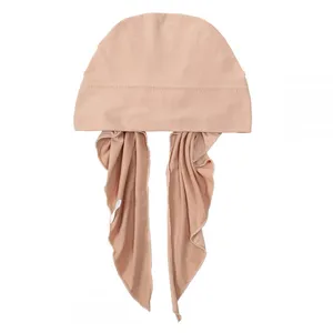 Wholesale Ramadan Stripe Crinkle Turban Hijab Hats Beanie Long Tail Head Wraps Elastic Muslim Hats Breathable Chemo Cap For Women Girls thumbnail-3