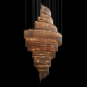 Spiral Staircase Crystal Chandelier Gold Frame Large Custom Hotel Installation thumbnail-5