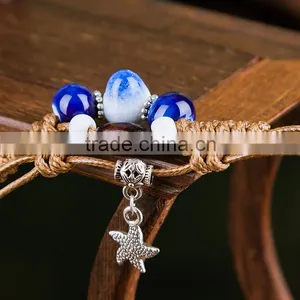 Handmade Vintage Porcelain Beads Bracelet Leather Woven Bracelets thumbnail-6