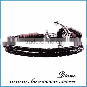 Custom Handmade Mens Genuine Braided Leather Hook Anchor Bracelet thumbnail-1