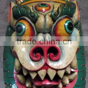 Foo Dog Mask: Wood Nepal Tibet Tibetan Buddha Buddhist Lion Green Blue Temple thumbnail-1