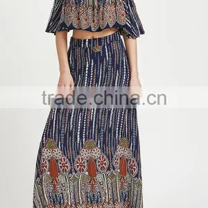 Multicolor Vintage Print off Shoulder Two Piece Set Boho Ruffle Top and Long Skirt thumbnail-2